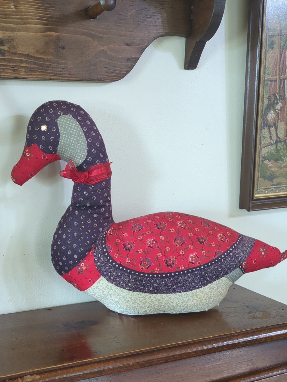 Vintage Quilted Fabric Handmade Soft Canadian Goose Duck or Swan Red White Blue